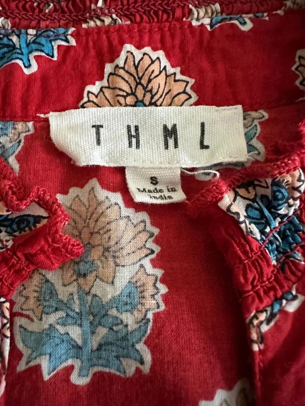 THML smocked block print short sleeve top - Red - Small - Picture 4 of 5
